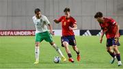 27 May 2023; Daniel Babb of Republic of Ireland in action against Javier Fernández González and Daniel Munoz Navas of Spain during the UEFA European U17 Championship Quarter-Final match between Spain and Republic of Ireland at Hidegkuti Hándor Stadium in Budapest, Hungary. Photo by Laszlo Szirtesi/Sportsfile