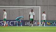 27 May 2023; Republic of Ireland players, from left, Freddie Turley, Jason Healy, Romeo Akachukwu and Cory O'Sullivan reacts after conceding a goal during the UEFA European U17 Championship Quarter-Final match between Spain and Republic of Ireland at Hidegkuti Hándor Stadium in Budapest, Hungary. Photo by Laszlo Szirtesi/Sportsfile