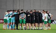 27 May 2023; The Republic of Ireland team huddle after the UEFA European U17 Championship Quarter-Final match between Spain and Republic of Ireland at Hidegkuti Hándor Stadium in Budapest, Hungary. Photo by Laszlo Szirtesi/Sportsfile