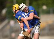 27 May 2023; Tipperary players Cormac Fitzpatrick, left, and Cian Moyles celebrate at the final whistle during the GAA Celtic Challenge Cup Finals match between Galway and Tipperary at St Brendan’s Park in Birr, Offaly. Photo by Michael P Ryan/Sportsfile