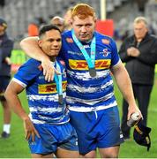 27 May 2023; Dejected DHL Stormers players, Herschel Jantjies, left, and Steven Kitshoff after the United Rugby Championship Final match between DHL Stormers and Munster at DHL Stadium in Cape Town, South Africa. Photo by Ashley Vlotman/Sportsfile