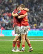 27 May 2023; Munstr players Shane Daly, left, and Gavin Coombes celebrate at the final whistle of the United Rugby Championship Final match between DHL Stormers and Munster at DHL Stadium in Cape Town, South Africa. Photo by Ashley Vlotman/Sportsfile