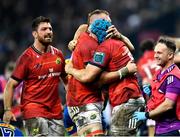 27 May 2023; Munster players, from left, Jean Kleyn, RG Snyman and Tadhg Beirne celebrate at the final whistle of the United Rugby Championship Final match between DHL Stormers and Munster at DHL Stadium in Cape Town, South Africa. Photo by Ashley Vlotman/Sportsfile