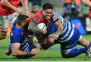 27 May 2023; Malakai Fekitoa of Munster is tackled by Ruben van Heerden and Frans Malherbe of DHL Stormers during the United Rugby Championship Final match between DHL Stormers and Munster at DHL Stadium in Cape Town, South Africa. Photo by Grant Pitcher/Sportsfile