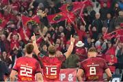 27 May 2023; Munster players, from left, Ben Healy, Mike Haley and Gavin Coombes salute their supporters after the the United Rugby Championship Final match between DHL Stormers and Munster at DHL Stadium in Cape Town, South Africa. Photo by Nic Bothma/Sportsfile
