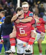 27 May 2023; Craig Casey, right, and captain Peter O'Mahony of Munster celebrate after the United Rugby Championship Final match between DHL Stormers and Munster at DHL Stadium in Cape Town, South Africa. Photo by Nic Bothma/Sportsfile