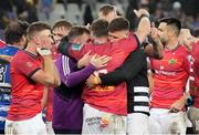 27 May 2023; Munster players Dave Kilcoyne, Peter O'Mahony and Fineen Wycherley celebrate after the United Rugby Championship Final match between DHL Stormers and Munster at DHL Stadium in Cape Town, South Africa. Photo by Nic Bothma/Sportsfile