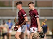 27 May 2023; Galway players James Keane, left, and Rhys Creaven after the GAA Celtic Challenge Cup Finals match between Galway and Tipperary at St Brendan’s Park in Birr, Offaly. Photo by Michael P Ryan/Sportsfile *** NO REPRODUCTION FEE***
