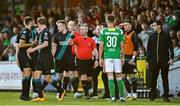26 May 2023; Roberto Lopes of Shamrock Rovers protests to referee Sean Grant during the SSE Airtricity Men's Premier Division match between Cork City and Shamrock Rovers at Turner's Cross in Cork. Photo by Eóin Noonan/Sportsfile