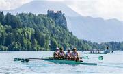 28 May 2023; The Ireland team, from left, Fionnan Mc Quillan-Tolan, Left, Nathan Timoney, Ross Corrigan, John Kearney after competing in the Men's Single Sculls Final C during day 4 of the European Rowing Championships 2023 at Bled in Slovenia. Photo by Vid Ponikvar/Sportsfile