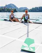 28 May 2023; Imogen Magner, left, and Natalie Long of Ireland after competing in the Men's Single Sculls Final C during day 4 of the European Rowing Championships 2023 at Bled in Slovenia. Photo by Vid Ponikvar/Sportsfile