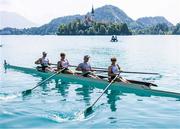 28 May 2023; The Ireland team, from left, Fionnan Mc Quillan-Tolan, Nathan Timoney, Ross Corrigan, John Kearney after competing in the Men's Single Sculls Final C during day 4 of the European Rowing Championships 2023 at Bled in Slovenia. Photo by Vid Ponikvar/Sportsfile