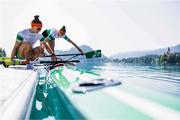 28 May 2023; Imogen Magner, right, and Natalie Long of Ireland prior to the competition in the Men's Single Sculls Final C during day 4 of the European Rowing Championships 2023 at Bled in Slovenia. Photo by Vid Ponikvar/Sportsfile