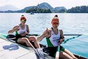 28 May 2023; Imogen Magner, left, and Natalie Long of Ireland after competing in the Men's Single Sculls Final C during day 4 of the European Rowing Championships 2023 at Bled in Slovenia. Photo by Vid Ponikvar/Sportsfile