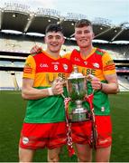 27 May 2023; Conor Kehoe of Carlow, left, and Fiachra Fitzpatrick celebrate with the cup after the Joe McDonagh Cup Final match between Carlow and Offaly at Croke Park in Dublin. Photo by Tyler Miller/Sportsfile