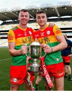 27 May 2023; Kevin McDonald of Carlow, left, and Paddy Boland celebrate with the cup after the Joe McDonagh Cup Final match between Carlow and Offaly at Croke Park in Dublin. Photo by Tyler Miller/Sportsfile