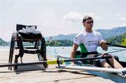 28 May 2023; Steven McGowan of Ireland prior to the competition in the Mixed Double Sculls Final during day 4 of the European Rowing Championships 2023 at Bled in Slovenia. Photo by Vid Ponikvar/Sportsfile