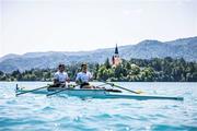 28 May 2023; Katie O'Brien, right, and Steven McGowan of Ireland prior to the competition in the Mixed Double Sculls Final during day 4 of the European Rowing Championships 2023 at Bled in Slovenia. Photo by Vid Ponikvar/Sportsfile