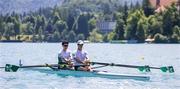 28 May 2023; Philip Doyler, right, and Daire Lynch of Ireland compete in the Men's Double Sculls Final A during day 4 of the European Rowing Championships 2023 at Bled in Slovenia. Photo by Vid Ponikvar/Sportsfile