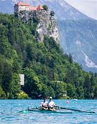 28 May 2023; Philip Doyle, right, and Daire Lynch of Ireland  after competition in the Men's Double Sculls Final A during day 4 of the European Rowing Championships 2023 at Bled in Slovenia. Photo by Vid Ponikvar/Sportsfile
