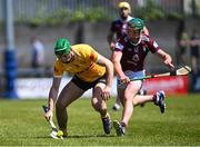 28 May 2023; Gerard Walsh of Antrim in action against Niall O'Brien of Westmeath during the Leinster GAA Hurling Senior Championship Round 5 match between Westmeath and Antrim at TEG Cusack Park in Mullingar, Westmeath. Photo by Tyler Miller/Sportsfile