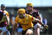 28 May 2023; Michael Bradley of Antrim in action against Owen McCabe of Westmeath during the Leinster GAA Hurling Senior Championship Round 5 match between Westmeath and Antrim at TEG Cusack Park in Mullingar, Westmeath. Photo by Tyler Miller/Sportsfile