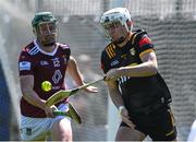 28 May 2023; Antrim goalkeeper Ryan Elliott in action against Niall O'Brien of Westmeath during the Leinster GAA Hurling Senior Championship Round 5 match between Westmeath and Antrim at TEG Cusack Park in Mullingar, Westmeath. Photo by Tyler Miller/Sportsfile