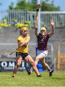 28 May 2023; Michael Bradley of Antrim in action against Aaron Craig of Westmeath during the Leinster GAA Hurling Senior Championship Round 5 match between Westmeath and Antrim at TEG Cusack Park in Mullingar, Westmeath. Photo by Tyler Miller/Sportsfile