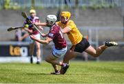 28 May 2023; Joseph Boyle of Westmeath in action against Michael Bradley of Antrim during the Leinster GAA Hurling Senior Championship Round 5 match between Westmeath and Antrim at TEG Cusack Park in Mullingar, Westmeath. Photo by Tyler Miller/Sportsfile