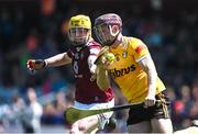 28 May 2023; Eoghan Campbell of Antrim in action against Owen McCabe of Westmeath during the Leinster GAA Hurling Senior Championship Round 5 match between Westmeath and Antrim at TEG Cusack Park in Mullingar, Westmeath. Photo by Tyler Miller/Sportsfile