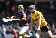 28 May 2023; Eoghan Campbell of Antrim in action against Owen McCabe of Westmeath during the Leinster GAA Hurling Senior Championship Round 5 match between Westmeath and Antrim at TEG Cusack Park in Mullingar, Westmeath. Photo by Tyler Miller/Sportsfile