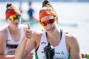 28 May 2023; Imogen Magner, left, and Natalie Long of Ireland after competing in the Women's Pair Final B during day 4 of the European Rowing Championships 2023 at Bled in Slovenia. Photo by Vid Ponikvar/Sportsfile