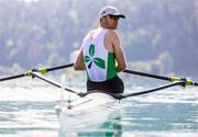 28 May 2023; Brian Colsh of Ireland after competing in the Men's Single Sculls Final C during day 4 of the European Rowing Championships 2023 at Bled in Slovenia. Photo by Vid Ponikvar/Sportsfile