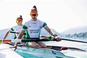 28 May 2023; Imogen Magner, left, and Natalie Long of Ireland prior to the competition in the Women's Pair Final B during day 4 of the European Rowing Championships 2023 at Bled in Slovenia. Photo by Vid Ponikvar/Sportsfile