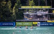 28 May 2023; Imogen Magner, right, and Natalie Long of Ireland compete in the Women's Pair Final B during day 4 of the European Rowing Championships 2023 at Bled in Slovenia. Photo by Vid Ponikvar/Sportsfile