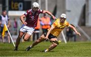 28 May 2023; Seaan Elliott of Antrim in action against Robbie Greville of Westmeath during the Leinster GAA Hurling Senior Championship Round 5 match between Westmeath and Antrim at TEG Cusack Park in Mullingar, Westmeath. Photo by Tyler Miller/Sportsfile