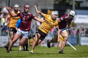 28 May 2023; Seaan Elliott of Antrim in action against Conor Shaw of Westmeath, left, and Conor Shaw during the Leinster GAA Hurling Senior Championship Round 5 match between Westmeath and Antrim at TEG Cusack Park in Mullingar, Westmeath. Photo by Tyler Miller/Sportsfile