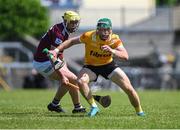 28 May 2023; Niall McKenna of Antrim in action against Aaron Craig of Westmeath during the Leinster GAA Hurling Senior Championship Round 5 match between Westmeath and Antrim at TEG Cusack Park in Mullingar, Westmeath. Photo by Tyler Miller/Sportsfile