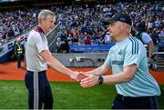 28 May 2023; Galway manager Henry Shefflin, left, shakes hands with Dublin manager Micheál Donoghue after the Leinster GAA Hurling Senior Championship Round 5 match between Dublin and Galway at Croke Park in Dublin. Photo by Ramsey Cardy/Sportsfile