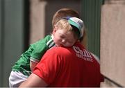 28 May 2023; Cork supporter Paudie McSweeney, from Inniskeen, Cork, with his son Ché, aged 2, from Croom, Limerick, ahead of the Munster GAA Hurling Senior Championship Round 5 match between Limerick and Cork at TUS Gaelic Grounds in Limerick. Photo by Daire Brennan/Sportsfile