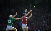 28 May 2023; Sean O'Donoghue of Cork in action against Aaron Gillane of Limerick during the Munster GAA Hurling Senior Championship Round 5 match between Limerick and Cork at TUS Gaelic Grounds in Limerick. Photo by Daire Brennan/Sportsfile