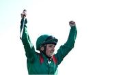 28 May 2023; Chris Hayes celebrates on Tahiyra as they enter the parade ring after winning the Tattersalls Irish 1,000 Guineas during the Tattersalls Irish Guineas Festival at The Curragh Racecourse in Kildare. Photo by David Fitzgerald/Sportsfile