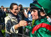 28 May 2023; Jockey Chris Hayes is congratulated by Princess Zahra Aga Khan after winning the Tattersalls Irish 1,000 Guineas on Tahiyra during the Tattersalls Irish Guineas Festival at The Curragh Racecourse in Kildare. Photo by David Fitzgerald/Sportsfile
