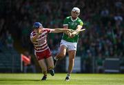 28 May 2023; Cork goalkeeper Patrick Collins blocks a shot from Aaron Gillane of Limerick during the Munster GAA Hurling Senior Championship Round 5 match between Limerick and Cork at TUS Gaelic Grounds in Limerick. Photo by Daire Brennan/Sportsfile