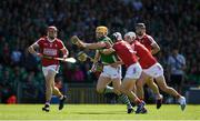 28 May 2023; Seamus Flanagan of Limerick in action against Ger Mellerick of Cork during the Munster GAA Hurling Senior Championship Round 5 match between Limerick and Cork at TUS Gaelic Grounds in Limerick. Photo by Daire Brennan/Sportsfile