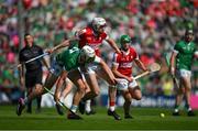 28 May 2023; Kyle Hayes of Limerick is tackled by Tim O'Mahony of Cork during the Munster GAA Hurling Senior Championship Round 5 match between Limerick and Cork at TUS Gaelic Grounds in Limerick. Photo by Ray McManus/Sportsfile