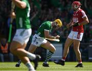 28 May 2023; Seamus Flanagan of Limerick celebrates after scoring his side's first goal during the Munster GAA Hurling Senior Championship Round 5 match between Limerick and Cork at TUS Gaelic Grounds in Limerick. Photo by Daire Brennan/Sportsfile