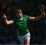 28 May 2023; Diarmaid Byrnes of Limerick celebrates scoring a 44th minute penalty during the Munster GAA Hurling Senior Championship Round 5 match between Limerick and Cork at TUS Gaelic Grounds in Limerick. Photo by Ray McManus/Sportsfile