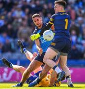 28 May 2023; James McCarthy of Dublin in action against Roscommon players David Murray, left, and goalkeeper Conor Carroll during the GAA Football All-Ireland Senior Championship Round 1 match between Dublin and Roscommon at Croke Park in Dublin. Photo by Ramsey Cardy/Sportsfile