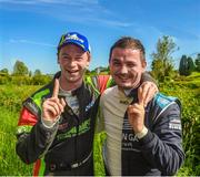28 May 2023; Josh Moffett and Callum Devine after the Kilmore Hotel Stages Rally round 3 of the Triton Showers National Rally Championship in Cootehill, Co Cavan. Photo by Philip Fitzpatrick/Sportsfile